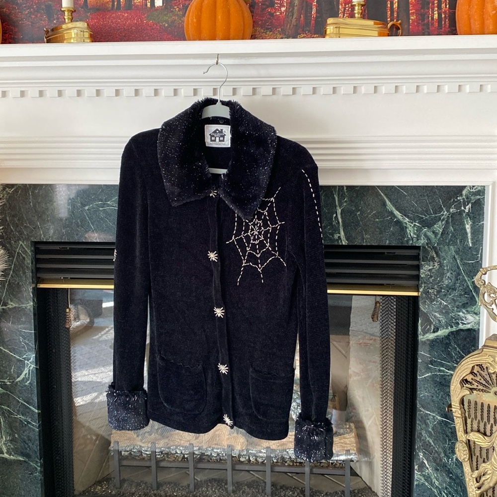 Storybook Knit Halloween Cardigan Sweater With Crystal Spider Buttons - Picture 2 of 9